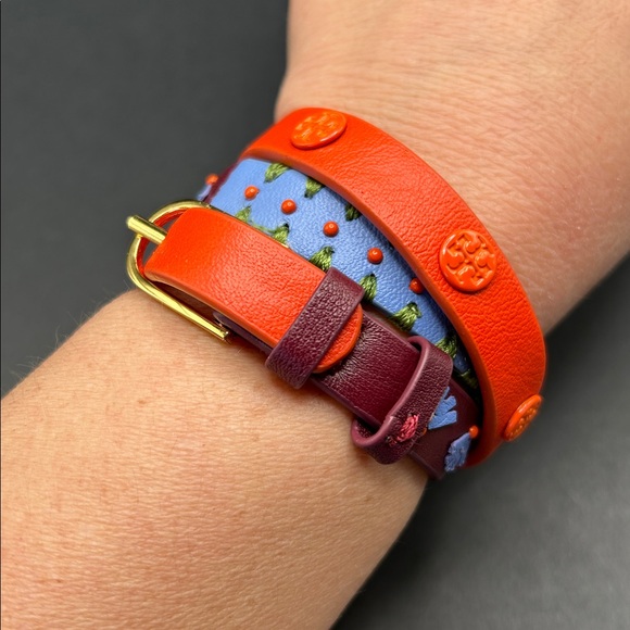 Tory Burch Colorful Embroidered Leather Wrap Logo Bracelet Orange Blue Purple - Picture 3 of 4